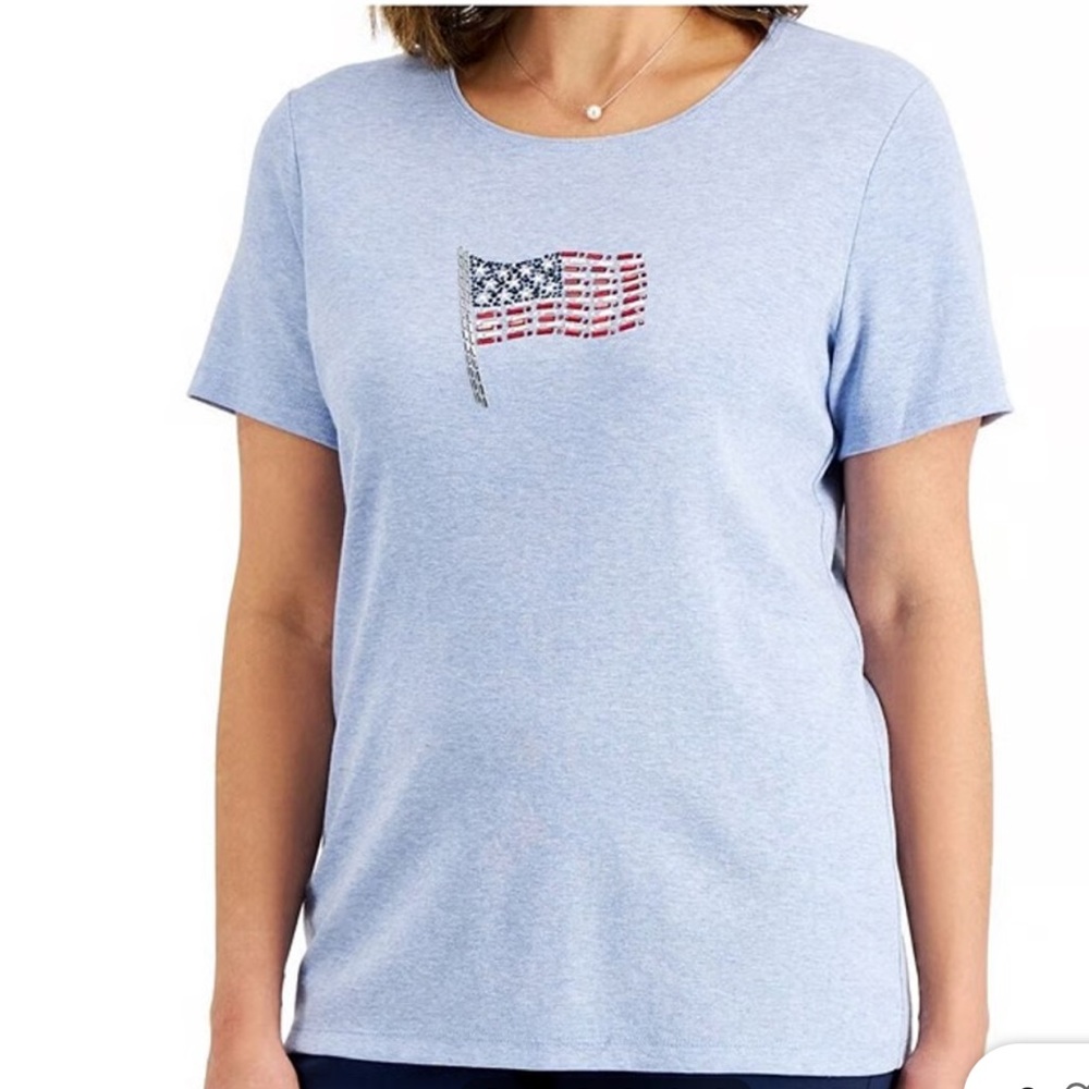 KAREN SCOTT Women's Embellished Flag Cotton T-Shirt Blue Size XL